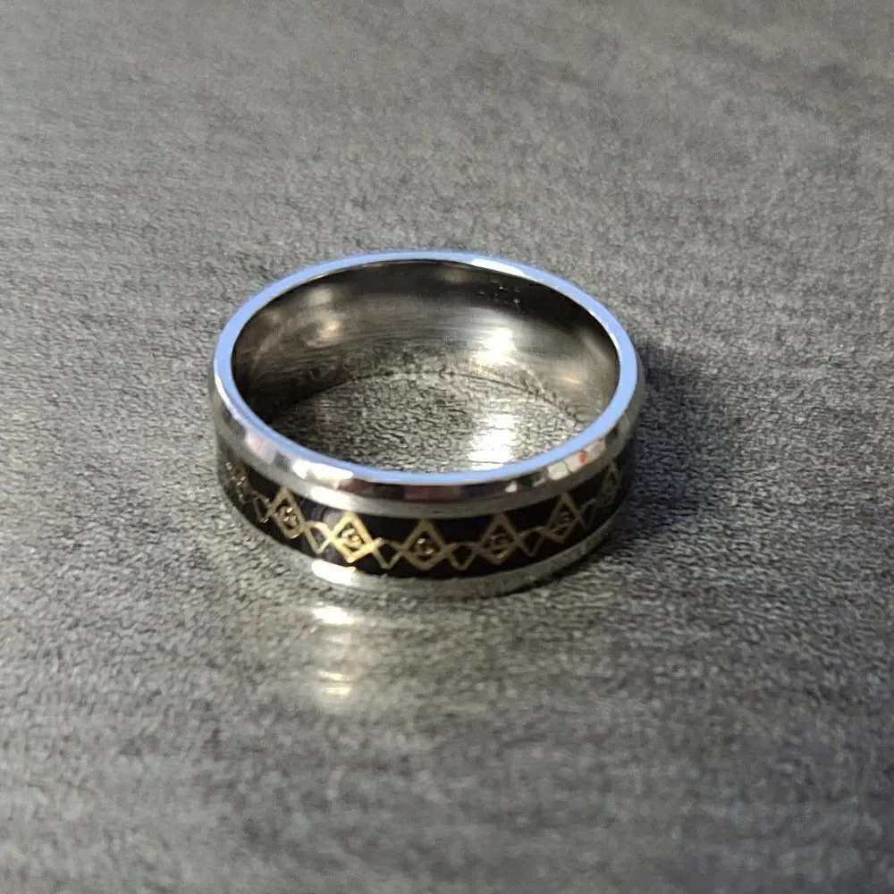 Masonic Compass Ring Engraved Personalized Black Gold Band - Freemason Ring